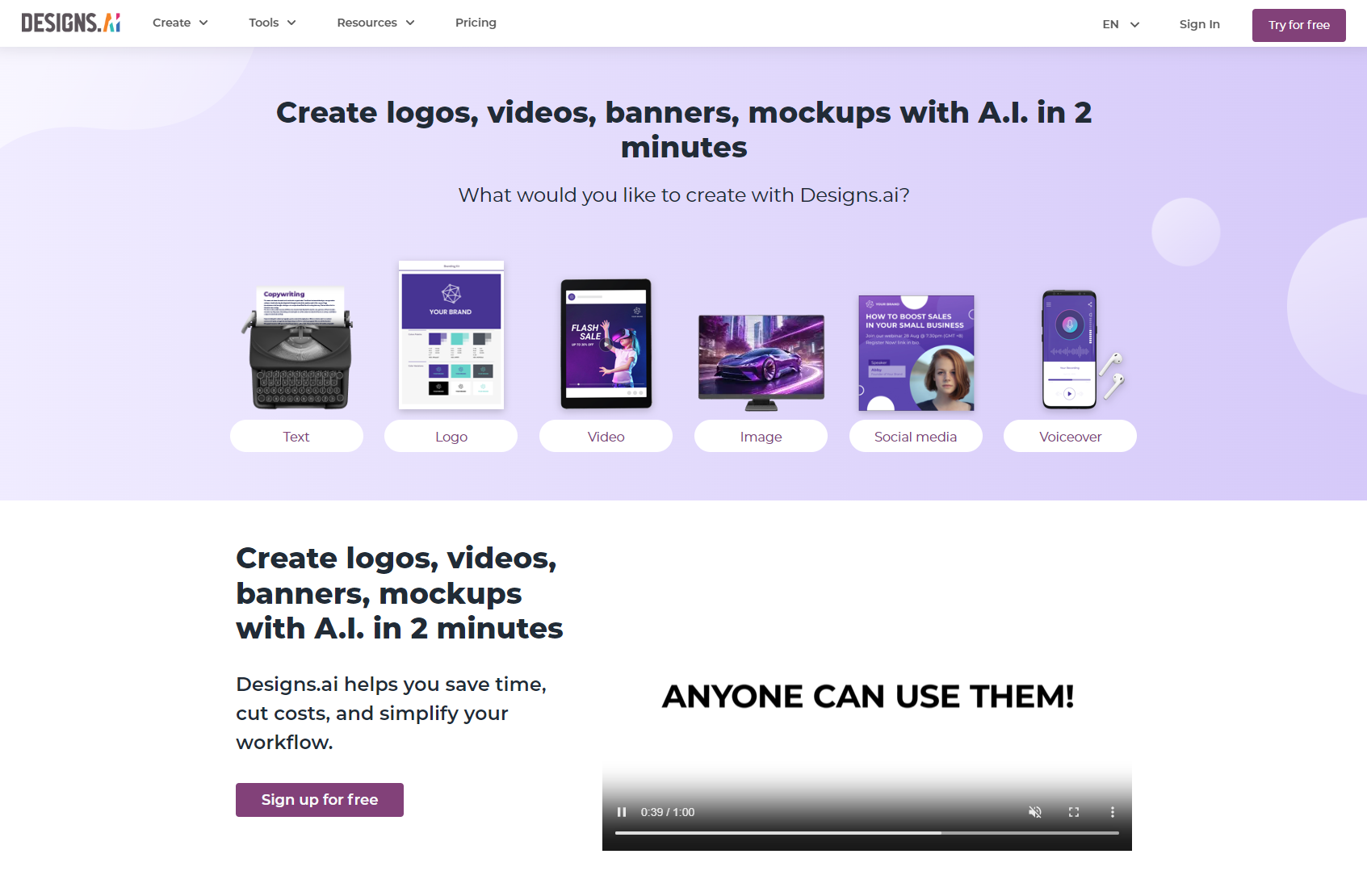 Designs AI Create logos, videos, banners, mockups with A.I. in 2 minutes