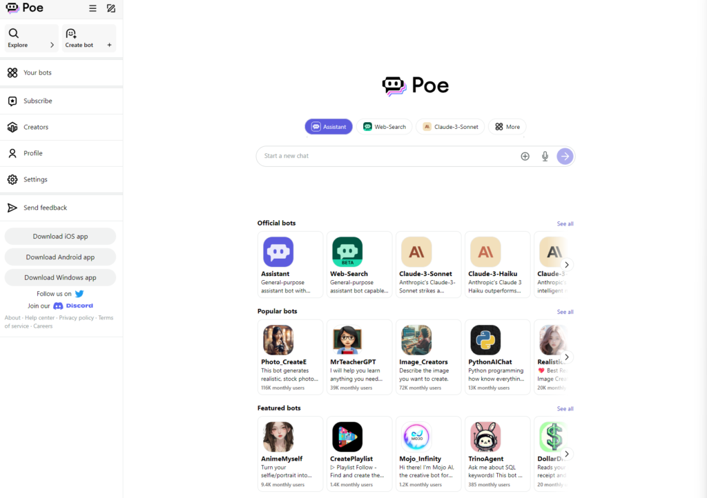 Poe AI create chatbots with the most popular LLMs