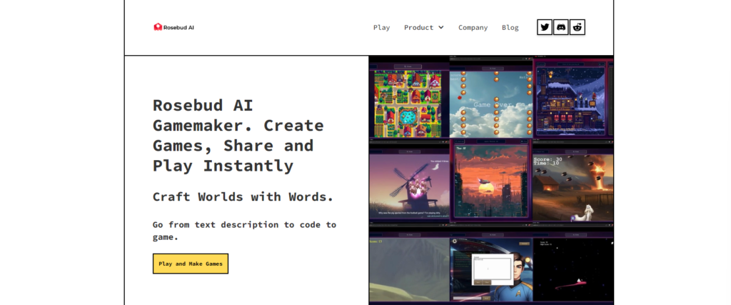 Rosebud AI gamemaker. text description to code to game