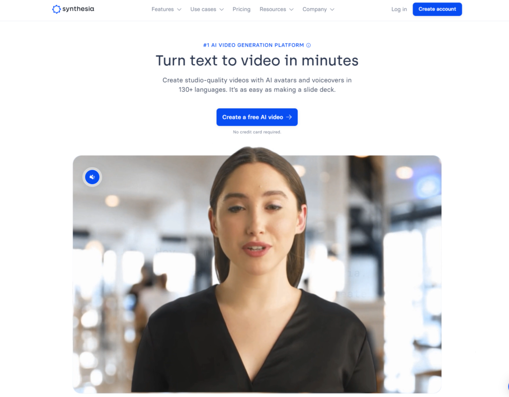 Synthesia Create studio-quality videos with AI avatars and voiceovers in 130+ languages.
